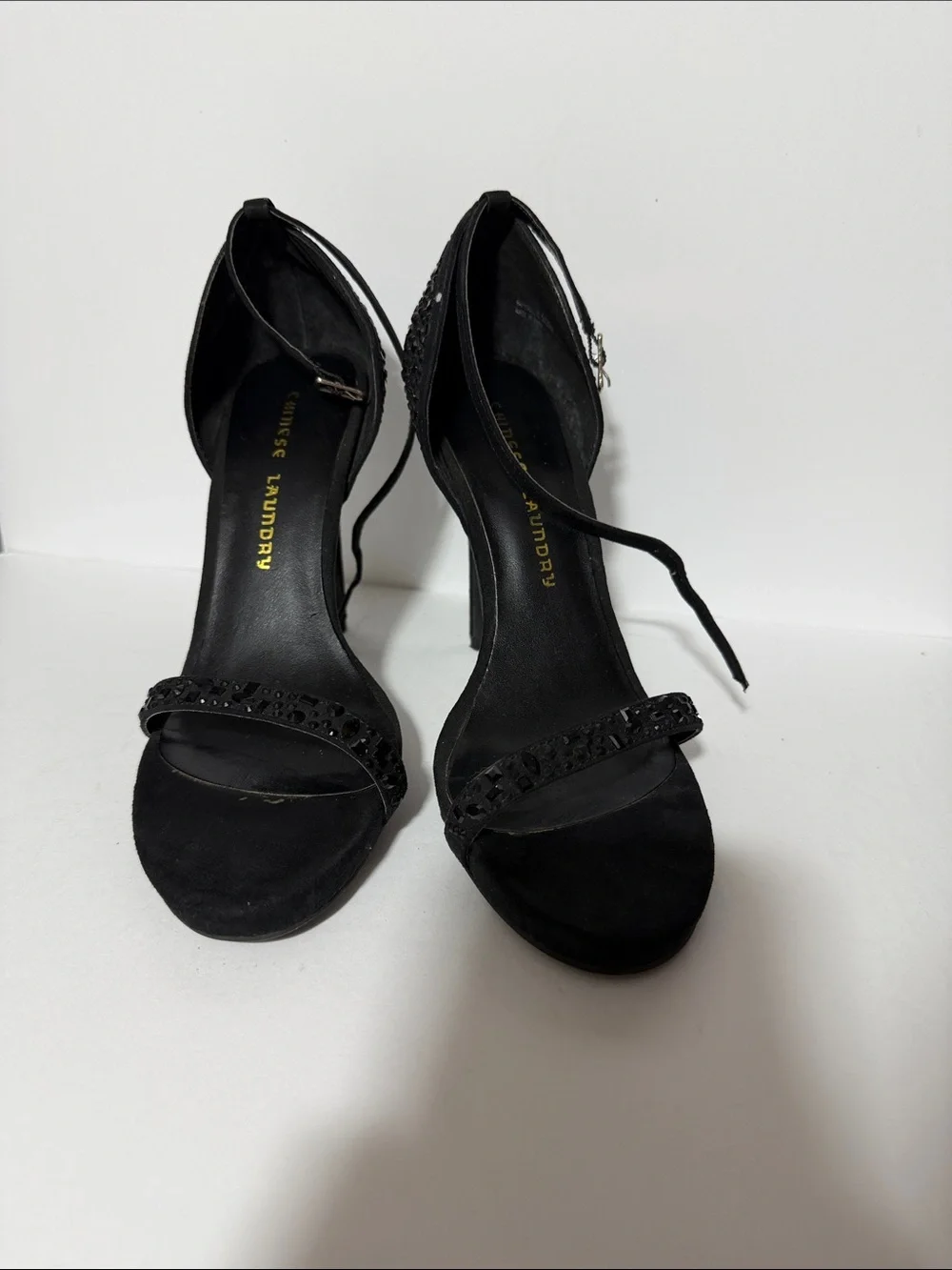 Chinese Laundry Black Suede Crystal-Embellished Ankle-Strap Heels